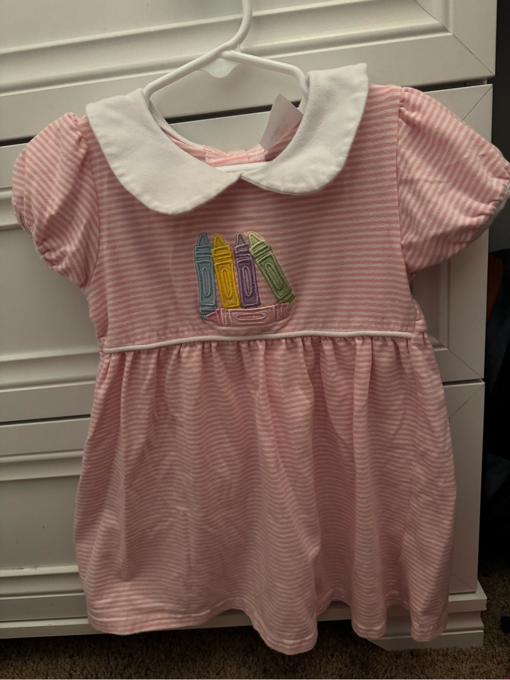 Pink Striped Peter Pan Collar Kids Dress with Crayon Applique